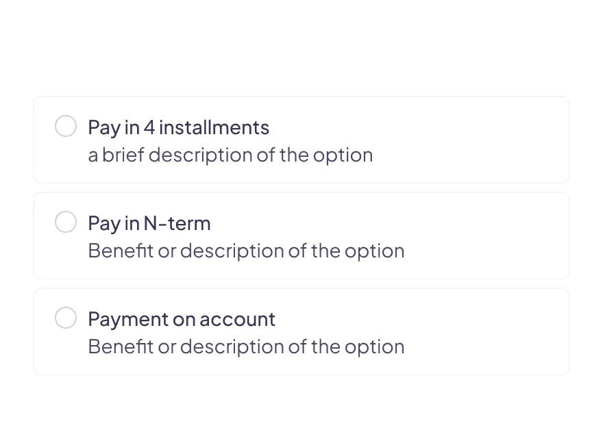 Interface de sélection de plan de paiement montrant les options BNPL